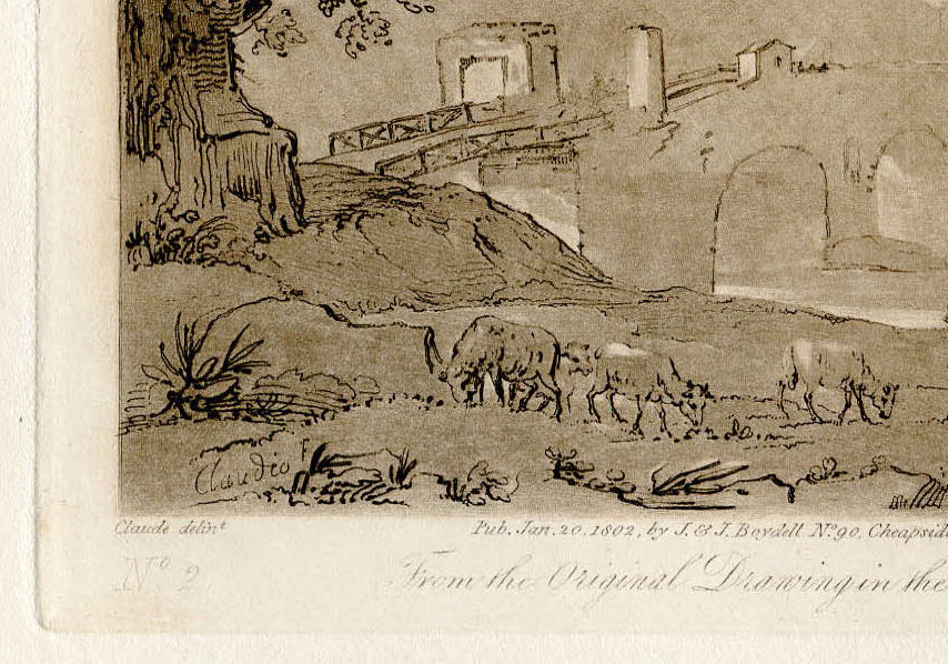 格安高品質1802年 クロードロラン「真実の書」メゾチント No.2 A View from Nature-Cattle and Bridge 銅版画、エッチング