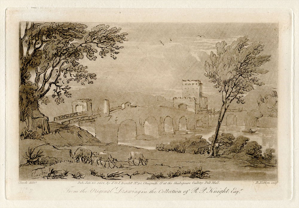 格安高品質1802年 クロードロラン「真実の書」メゾチント No.2 A View from Nature-Cattle and Bridge 銅版画、エッチング